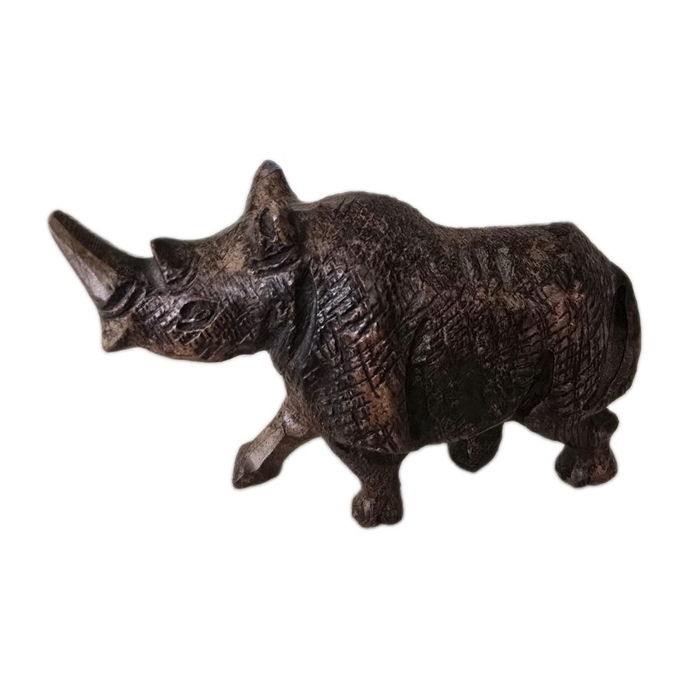 Vintage Hand Carved Solid Wood Rhinoceros Figurine African Safari Sculpture Art